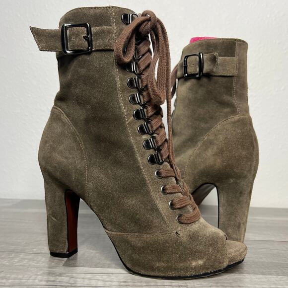 SAM Edelman Belmont Suede Zip Peep Toe Lace Up Ankle Boots Size 6 1/2 - Picture 1 of 6